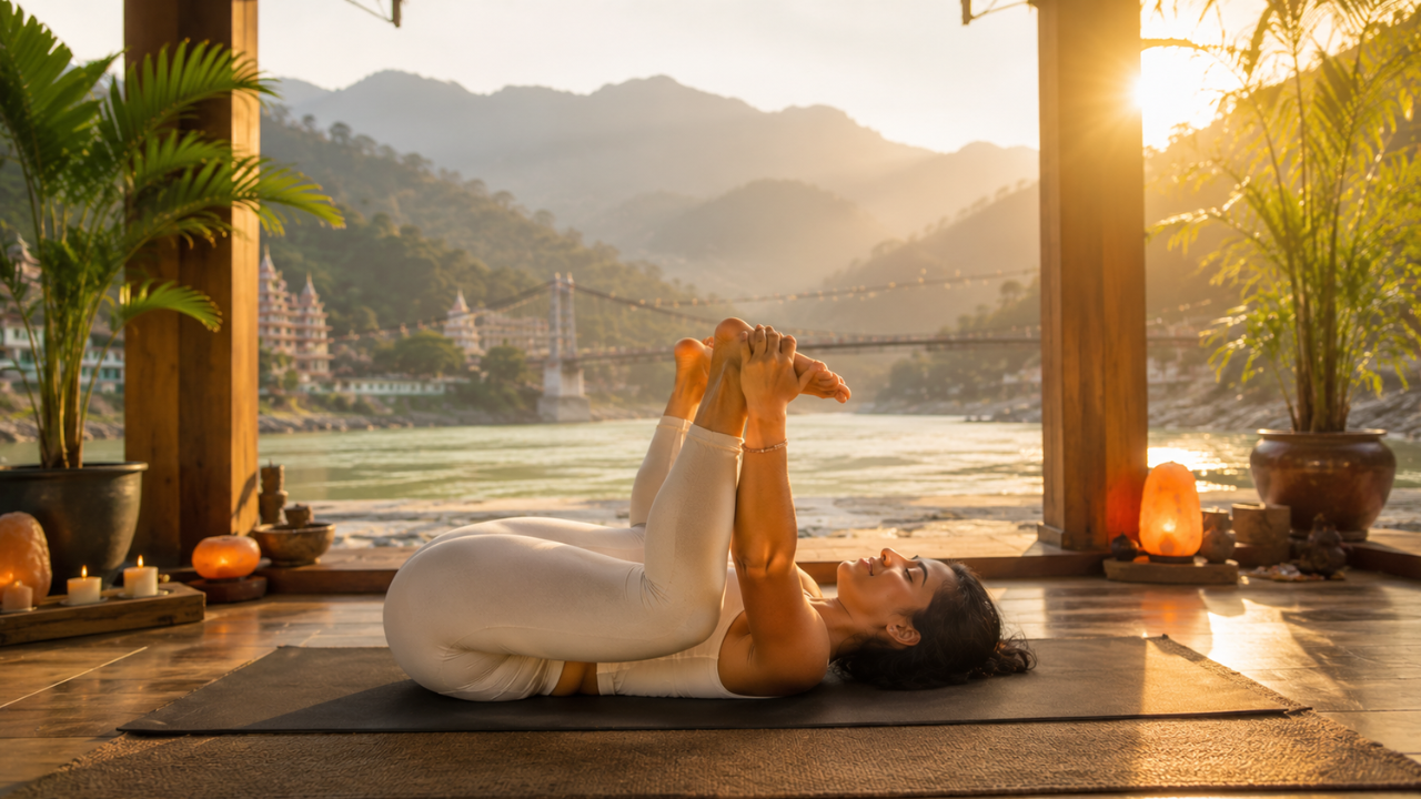 Yoga practitioner rocking gently in Happy Baby Pose for relaxation and stress relief on yoga mat