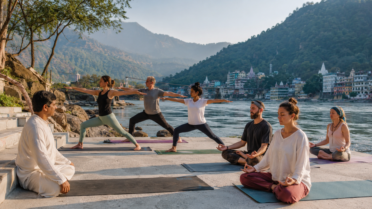 Hatha and Kundalini yoga retreat comparison in Rishikesh with students practicing on the Ganga bank