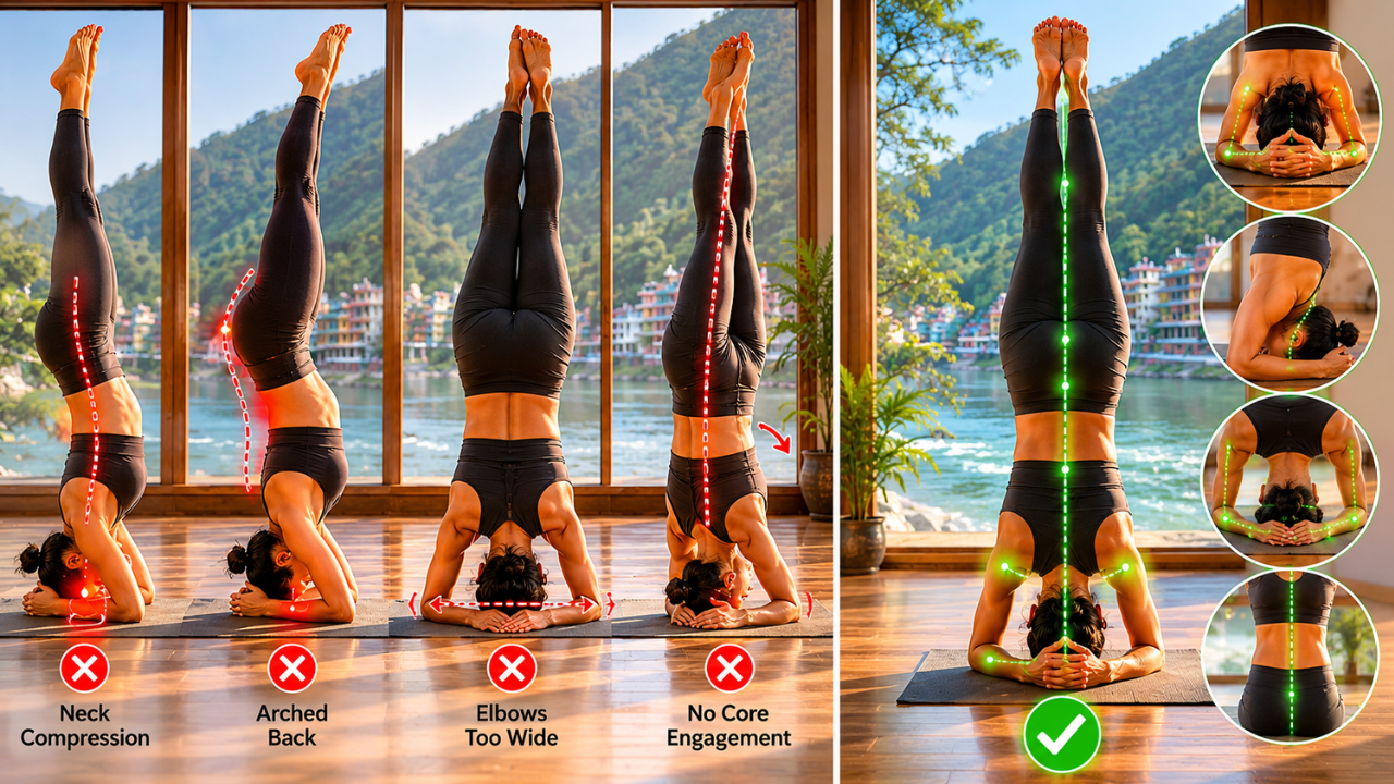 Common alignment mistakes in Headstand Sirsasana with correction tips