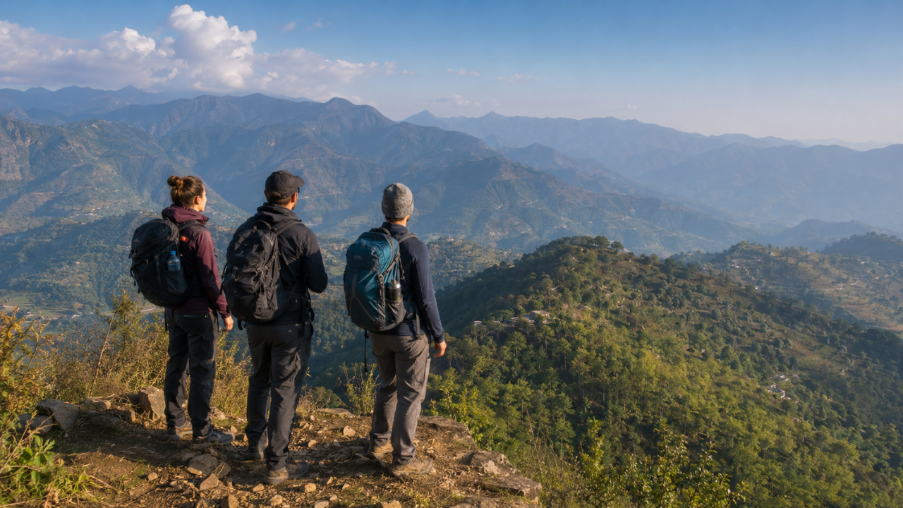 View of Himalayan peaks from a trekking trail during the 9-day hiking yoga retreat near Rishikesh