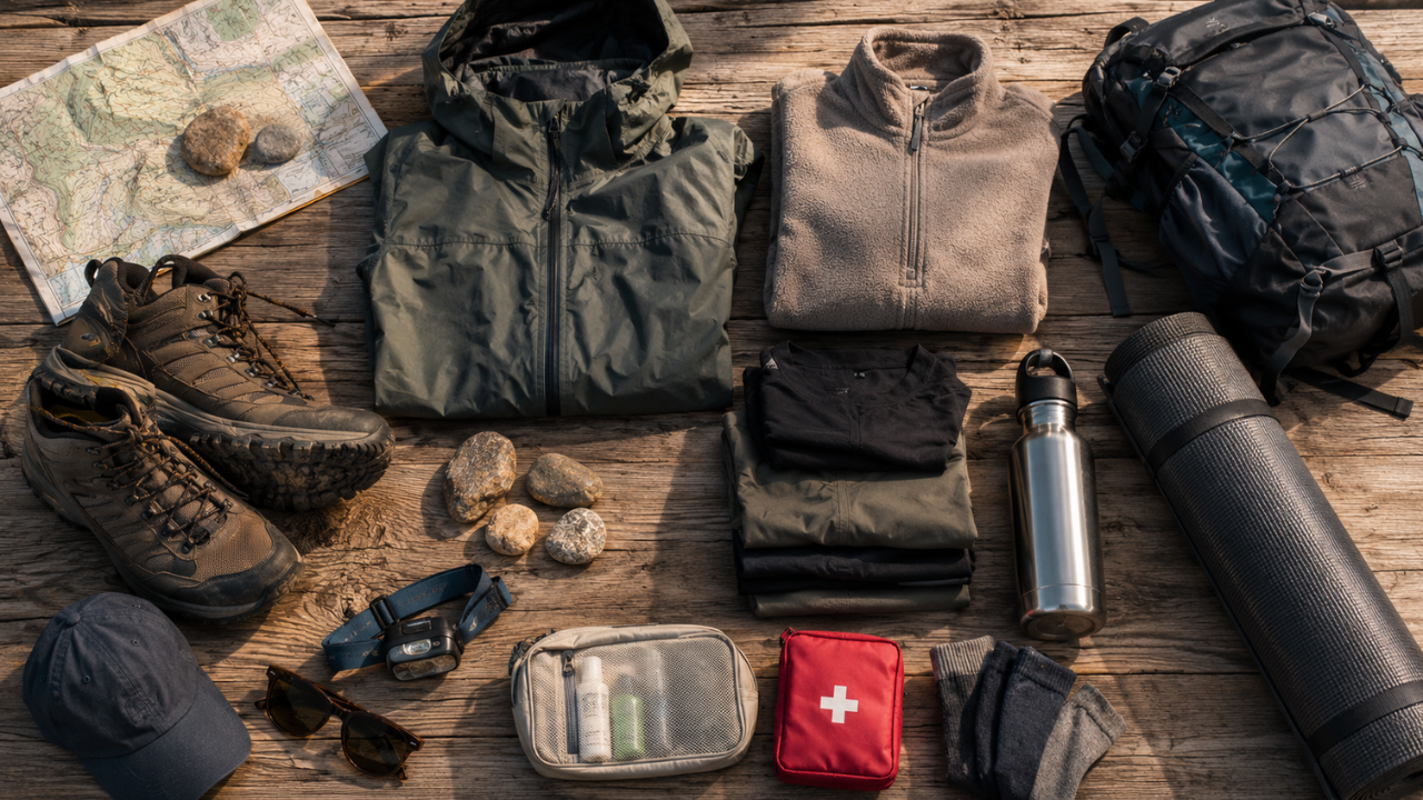 Packing checklist items laid out for a Himalayan hiking yoga retreat including shoes, jacket and yoga mat