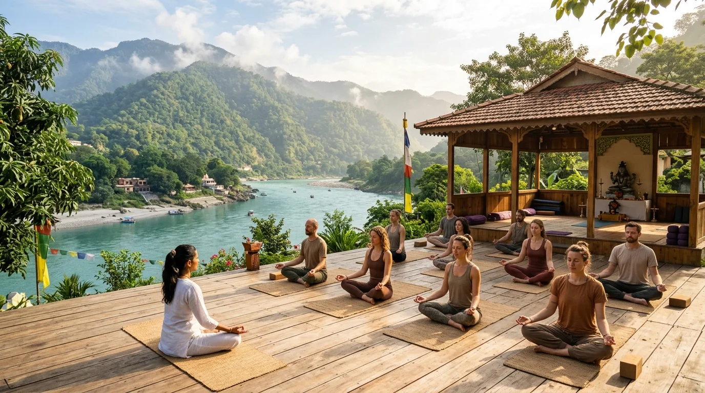 Yoga retreat students practicing meditation on a wooden deck by the holy Ganga in Rishikesh with Himalayan foothills in the background