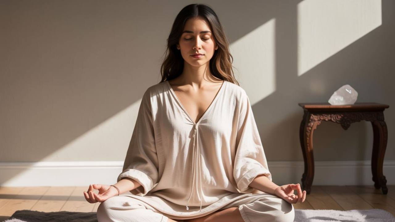 Person experiencing Kundalini awakening during deep meditation with energy rising through chakras