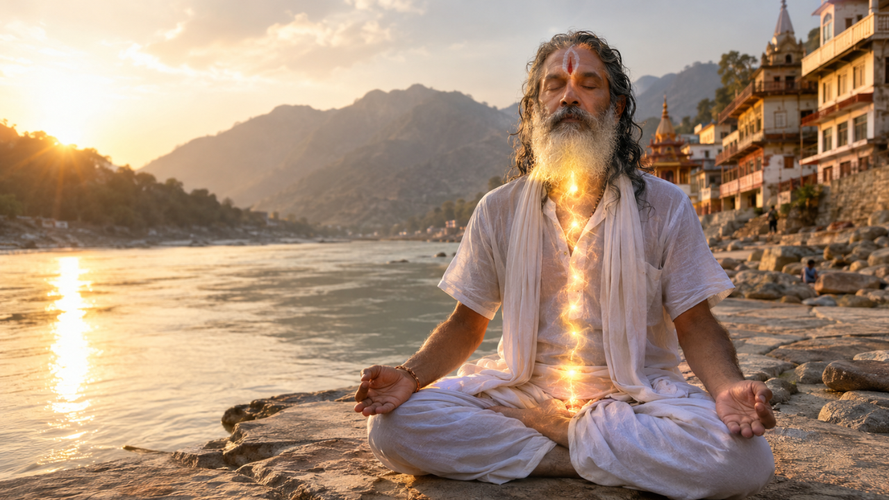 Person in deep meditation experiencing Kundalini awakening energy rising through the spine at a yoga ashram in Rishikesh