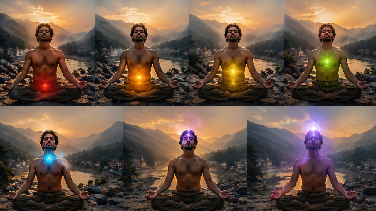 Stages of Kundalini awakening shown through chakra activation from root to crown in a meditative setting
