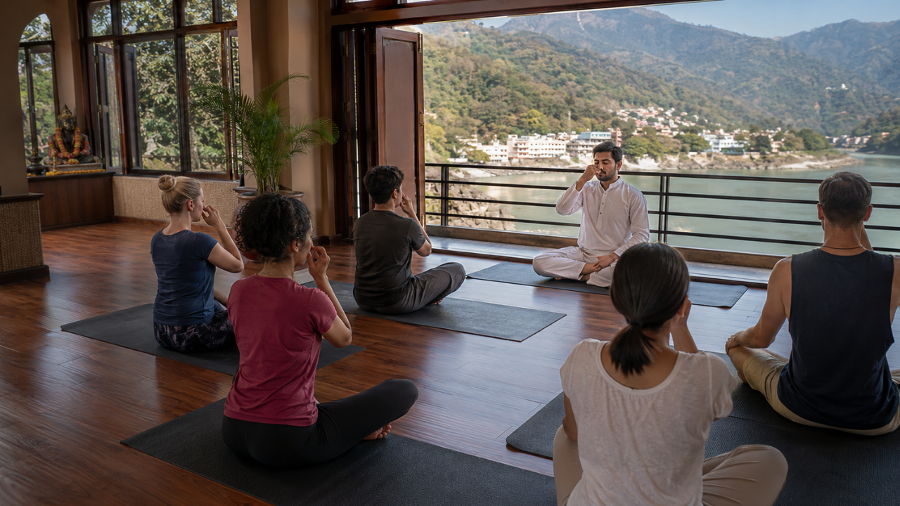 Yoga students practicing Kundalini awakening techniques including pranayama and meditation at a yoga school in Rishikesh