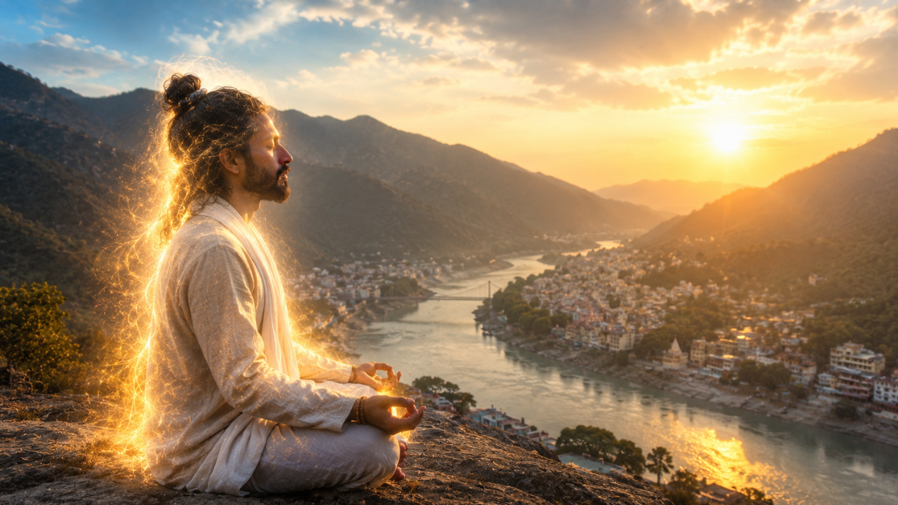 Meditator in deep stillness with light and energy visualization representing Kundalini spiritual awakening at a yoga center in Rishikesh
