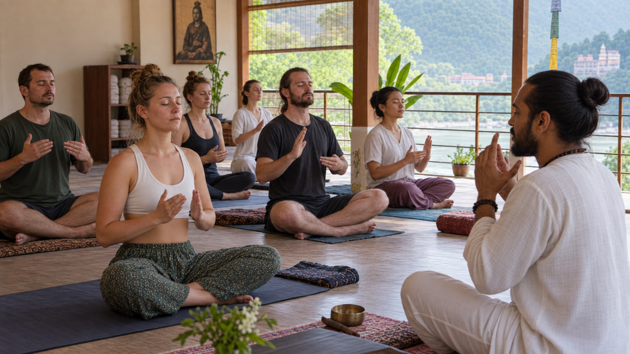 Group doing Kundalini yoga kriya and meditation session in Rishikesh ashram