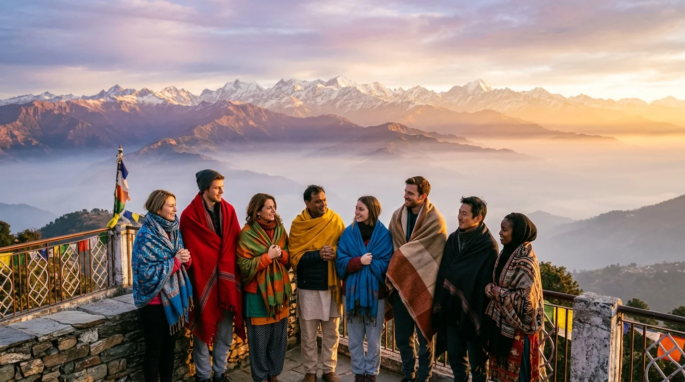 Retreat students wrapped in warm woolen shawls watching the golden sunrise over misty snow-capped Himalayan peaks at Kunjapuri Temple