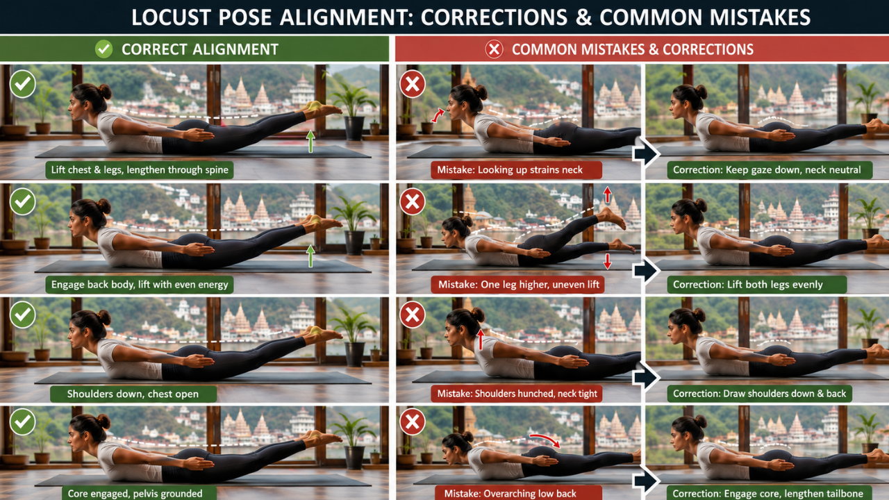 Common alignment mistakes in Locust Pose with correction cues