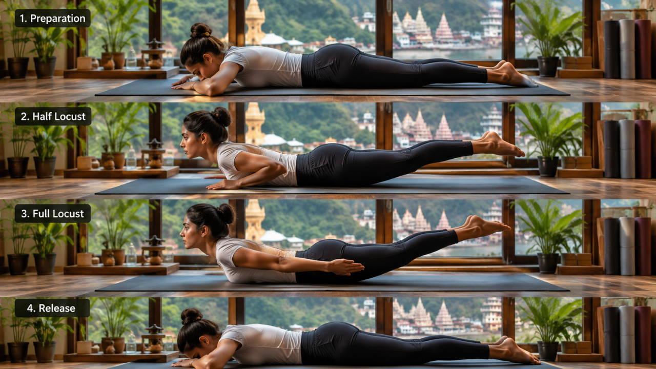 Step by step guide showing how to do Locust Pose correctly with alignment cues