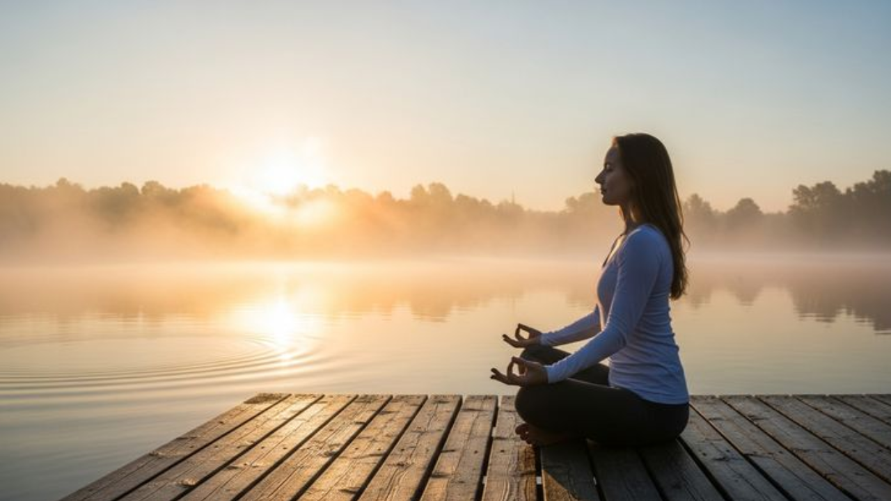 Brain illustration or infographic showing meditation's effects on the brain and stress hormones