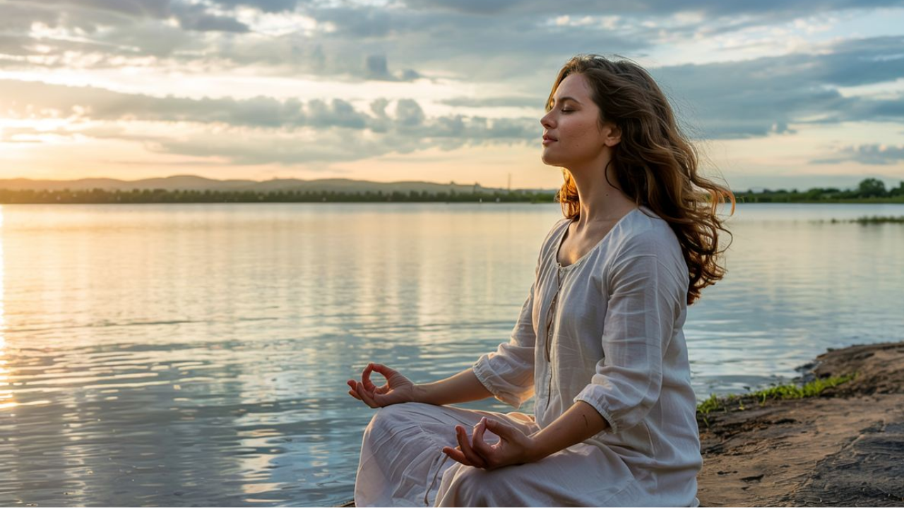 Person practicing meditation outdoors in nature or a serene wellness setting