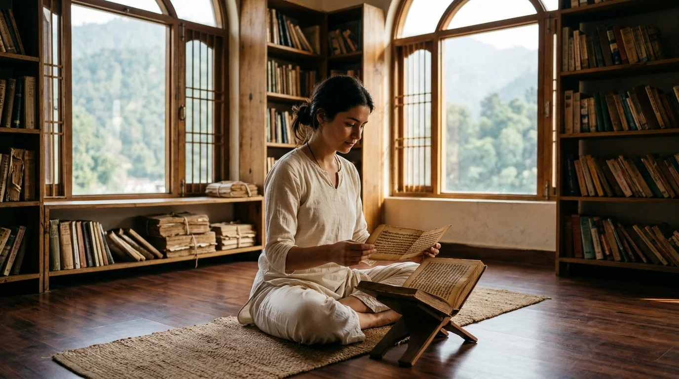 Dedicated yoga student in white cotton attire seated in a sunlit wooden library in Rishikesh reading an ancient Sanskrit manuscript