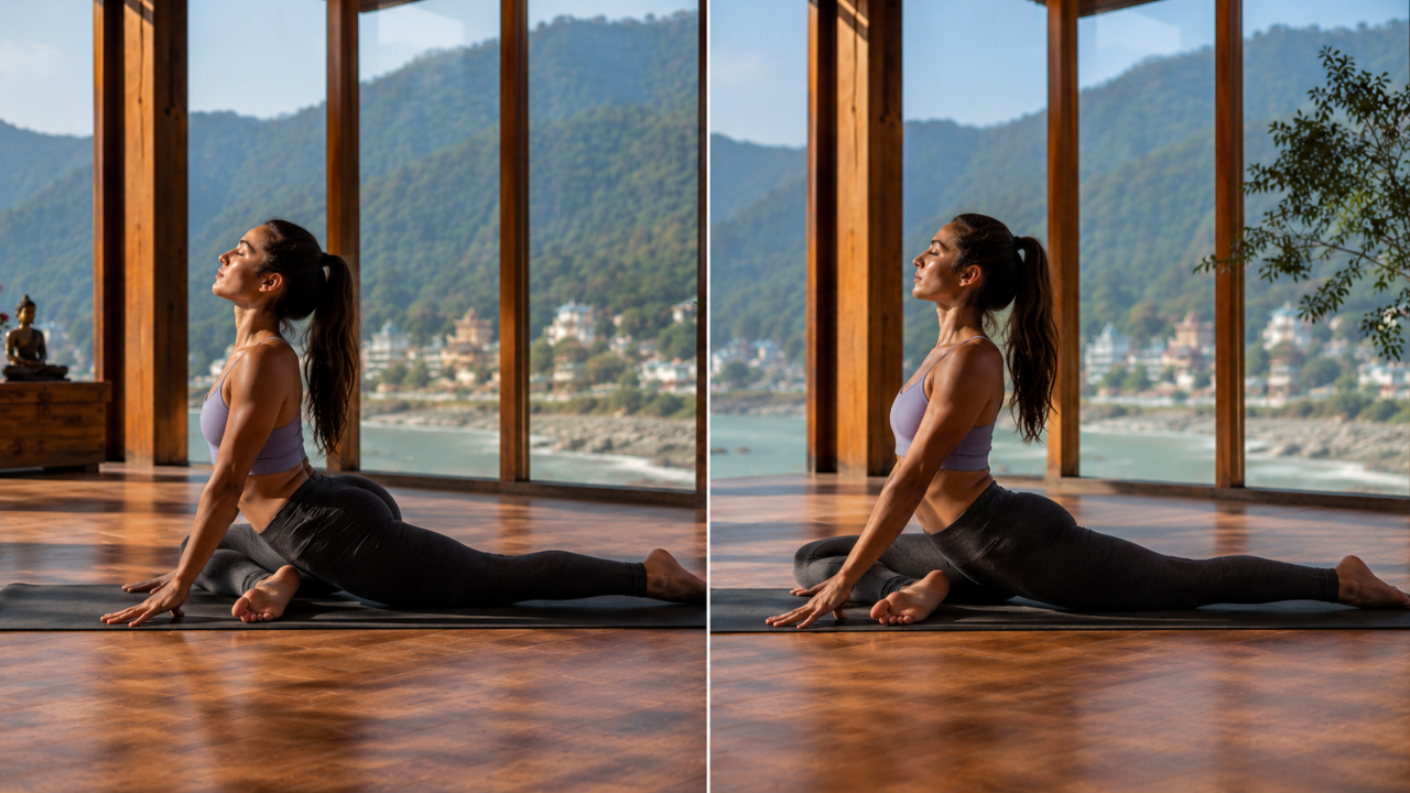 Side by side showing wrong and correct Pigeon Pose alignment — hips uneven vs hips squared to the mat with front shin properly placed