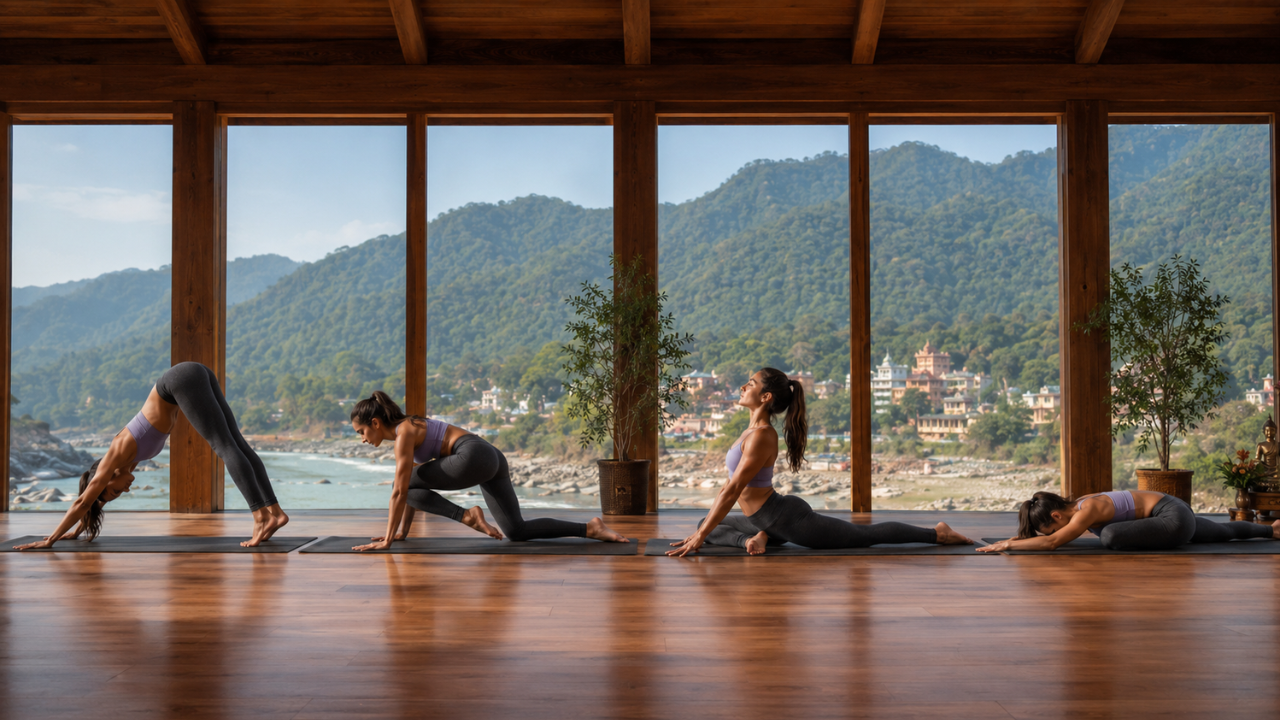 Step by step Pigeon Pose instructions — starting from Downward Dog, bringing right knee forward, lowering hips, and folding forward into full Pigeon Pose