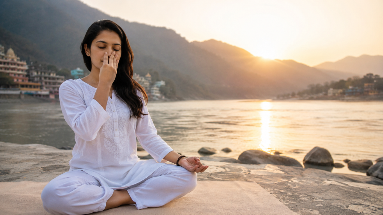 Beginner sitting in meditation posture practicing pranayama breathing at a yoga retreat in Rishikesh