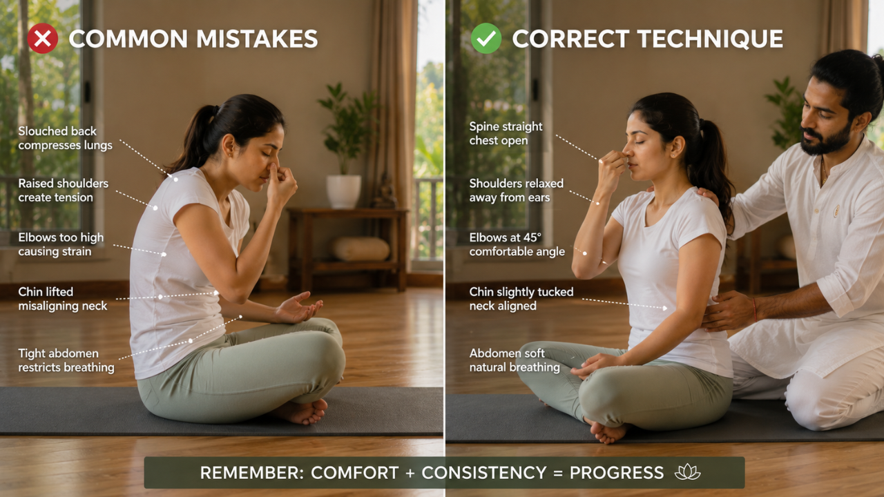Common pranayama mistakes shown with correction cues for beginner practitioners