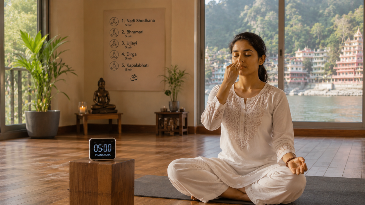 Beginner practitioner seated in meditation posture during a complete pranayama sequence practice