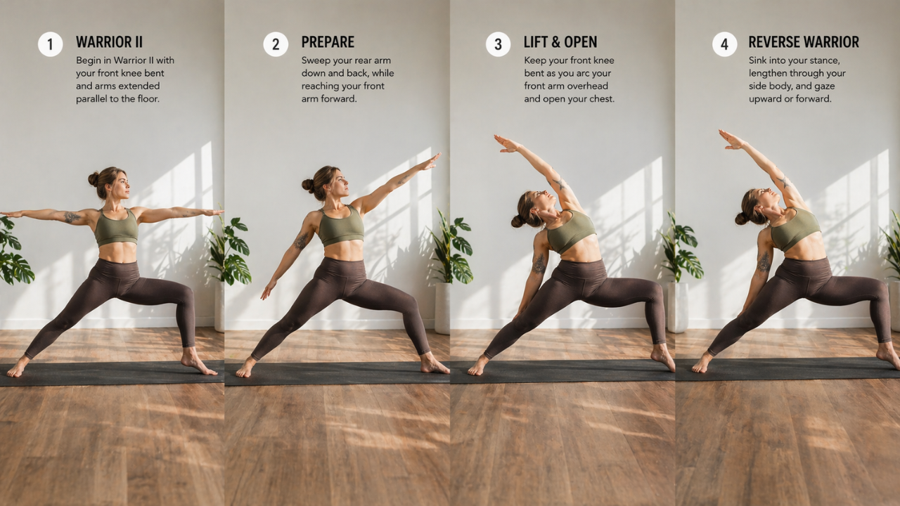 Step by step guide showing how to do Reverse Warrior Pose correctly