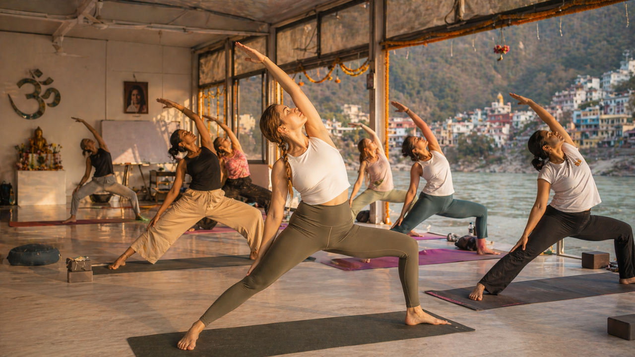 Students practicing Reverse Warrior Pose in yoga class in Rishikesh