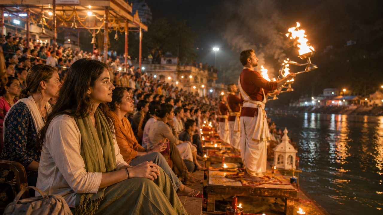 Evening Ganga Aarti at Triveni Ghat Rishikesh with crowd of devotees and women travelers watching