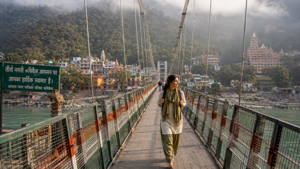 Woman walking across Laxman Jhula suspension bridge Rishikesh with Ganga river below and green hills in background