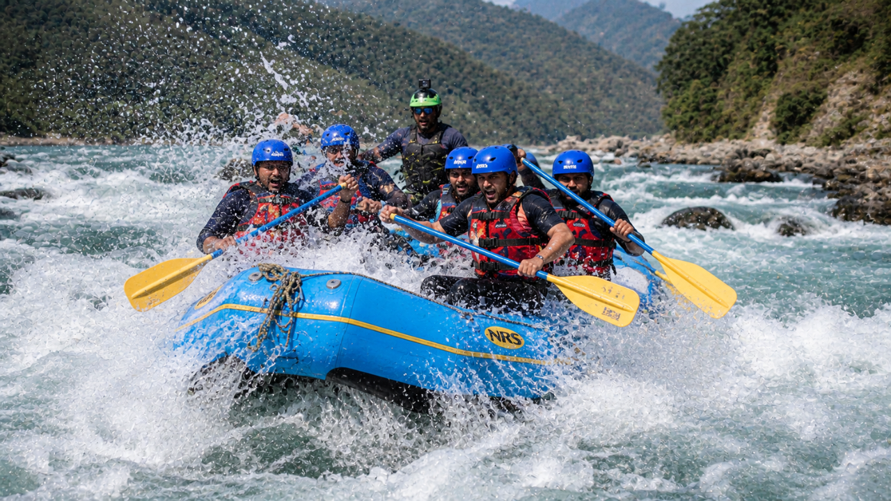 Group of people rafting on the Ganga river in Rishikesh paddling through white water rapids with Himalayan forest on both banks