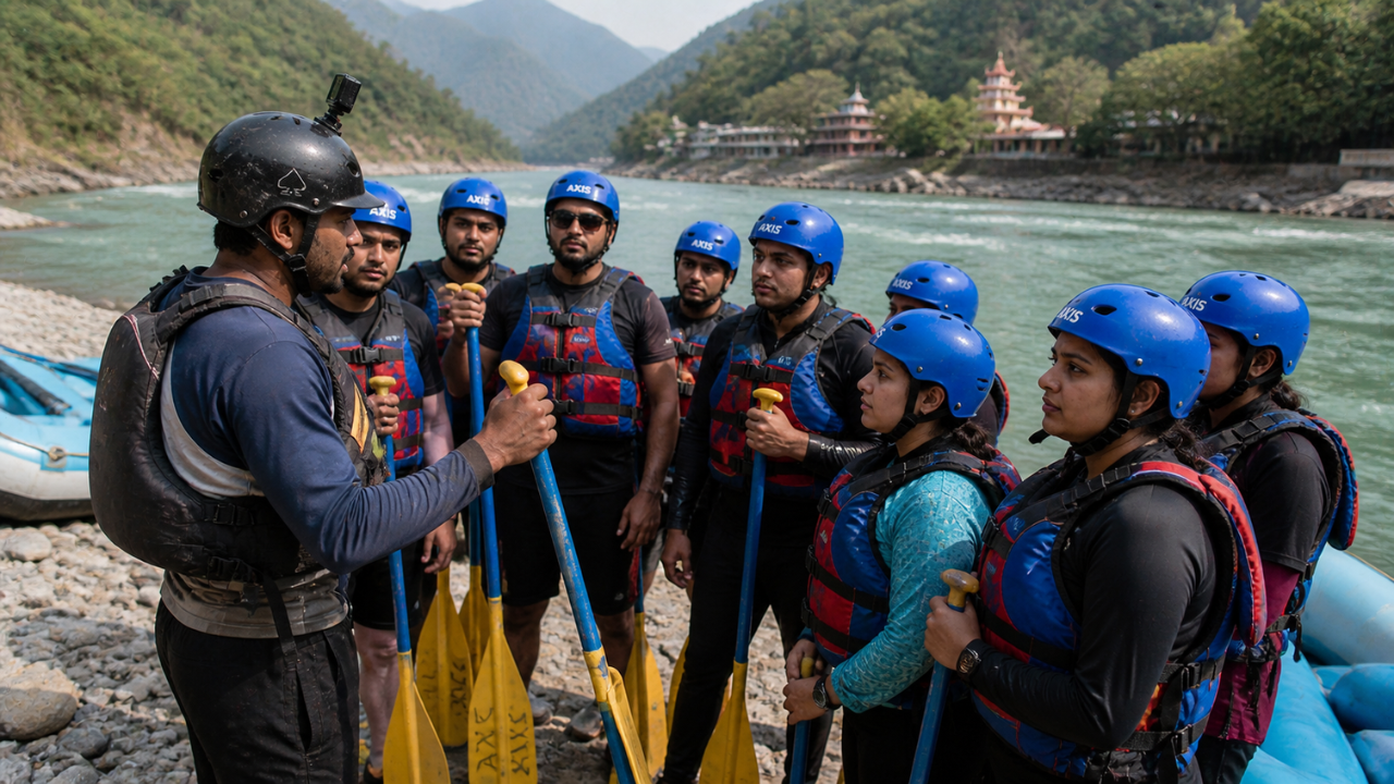 Rafting guide giving safety instructions to group before starting river rafting in Rishikesh on the Ganga