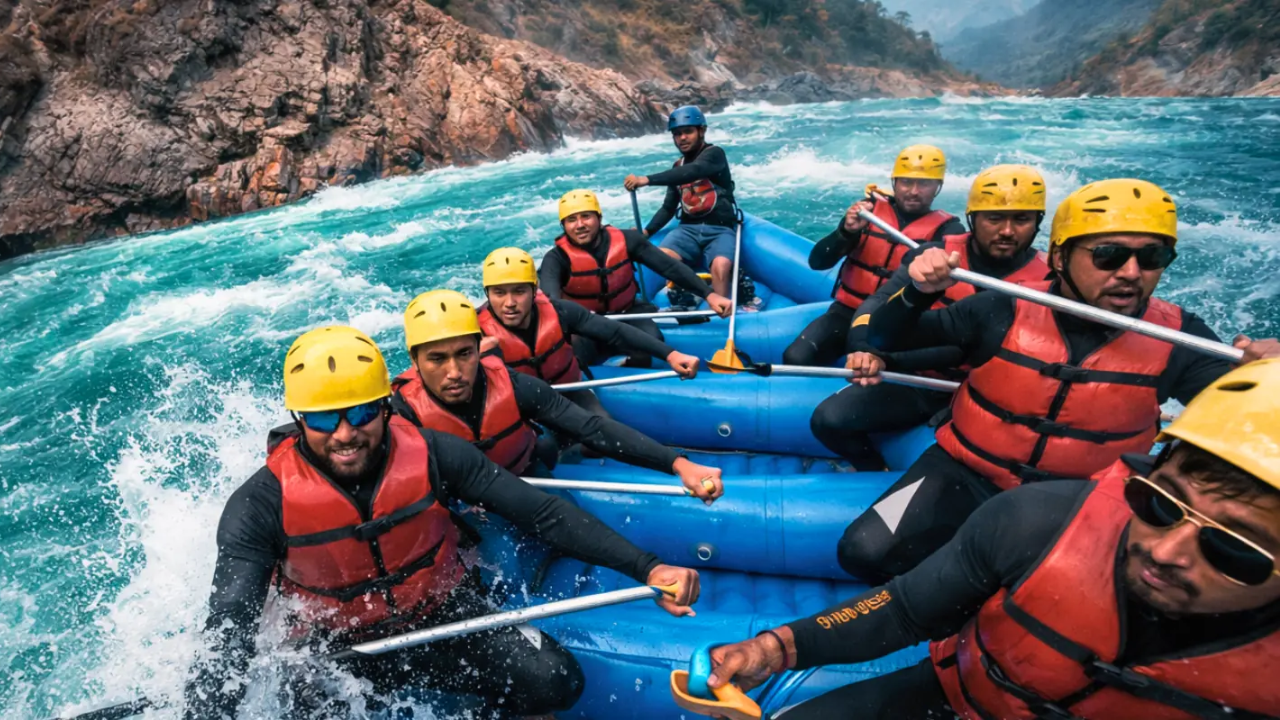 River rafting in Rishikesh on the Ganga with rafters paddling through white water rapids surrounded by Himalayan hills