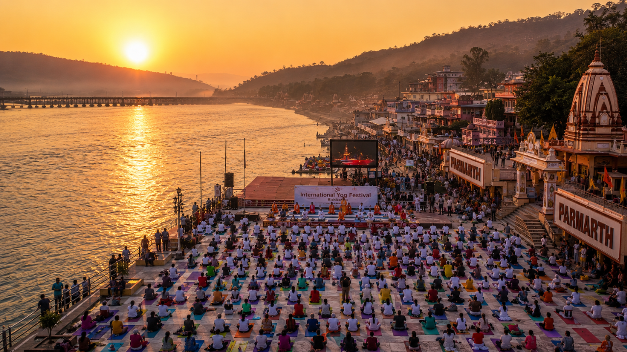 International Yoga Festival in Rishikesh — hundreds of yoga practitioners gathered on the Ganga ghat for group practice at sunrise