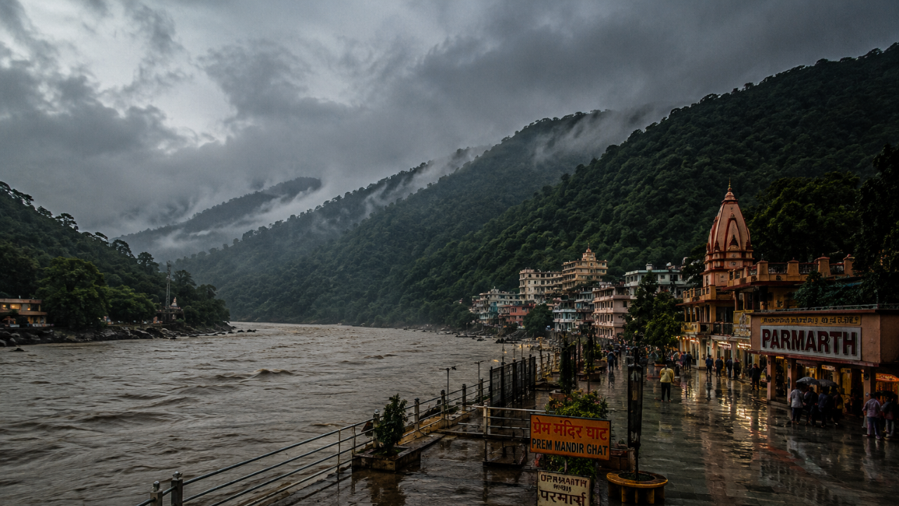 Rishikesh during monsoon season — rain clouds over the Ganga with green hills and the river flowing high after heavy rains