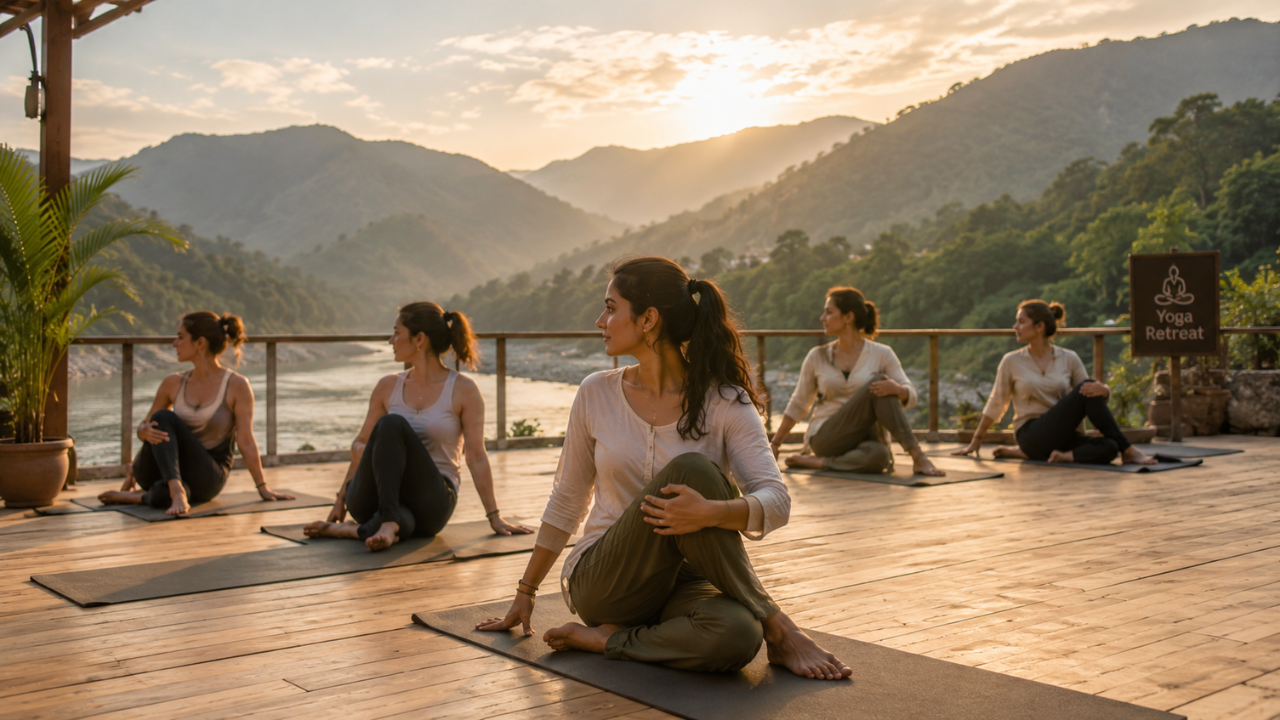 Women practicing yoga in morning session at a yoga retreat in Rishikesh with Himalayan hills and river in background