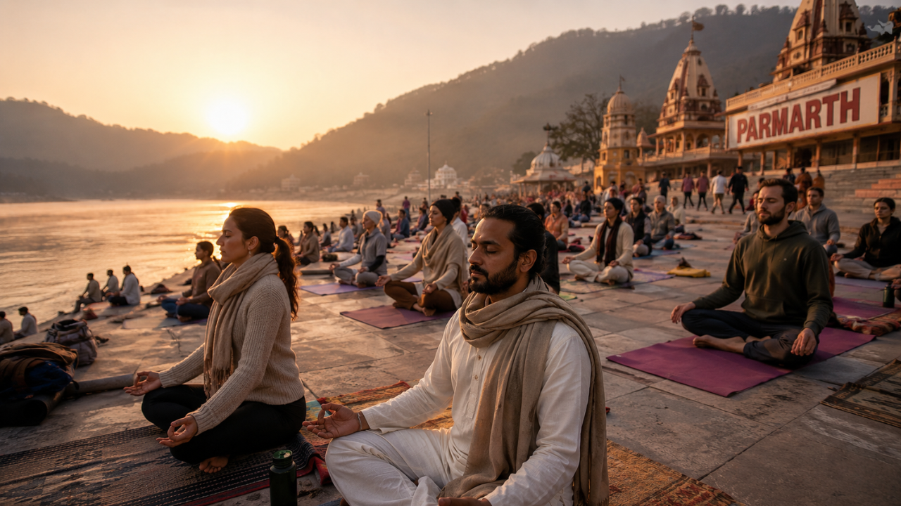 Yoga retreat in Rishikesh during winter — morning mist over the Ganga with students practising yoga on the ghats in cool weather