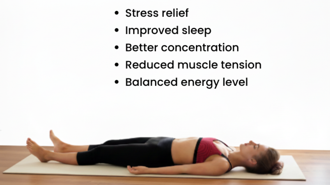 Infographic showing Savasana benefits for nervous system mental clarity and deep body relaxation