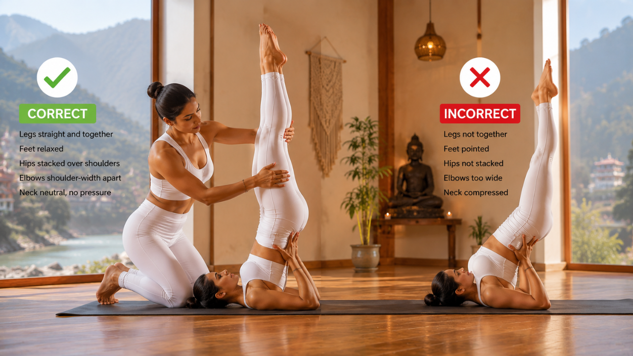 Common alignment mistakes in Shoulder Stand Sarvangasana with correction tips