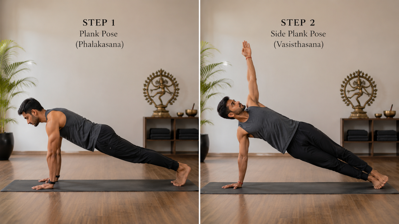 Step by step guide showing how to do Side Plank Pose correctly with alignment cues