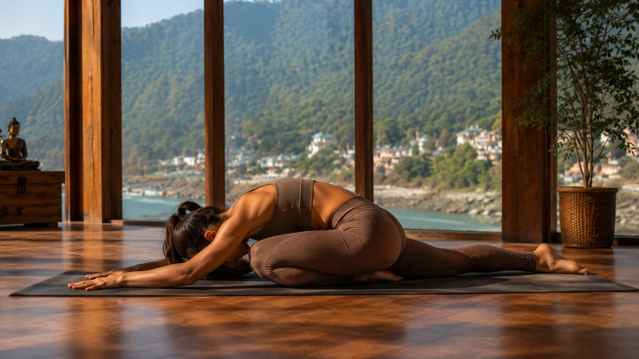 Yoga practitioner in Sleeping Pigeon Pose with chest folded forward over front shin and forehead resting on the mat for deep hip release