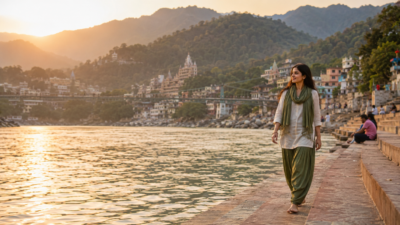 Solo female traveler walking on the banks of Ganga river in Rishikesh with mountains in background