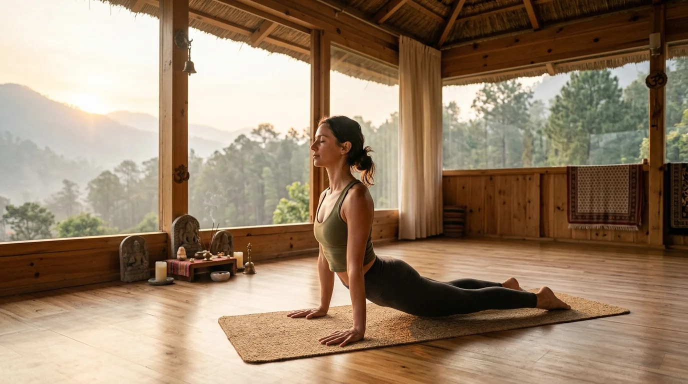 Yoga practitioner gracefully performing Cobra Pose step of Surya Namaskar on a mat in a sunlit wooden yoga hall in Tapovan Rishikesh