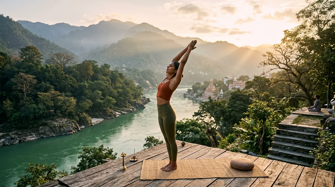 Outdoor sunrise Surya Namaskar practice on a wooden deck in Rishikesh overlooking the turquoise Ganga river and misty Himalayas