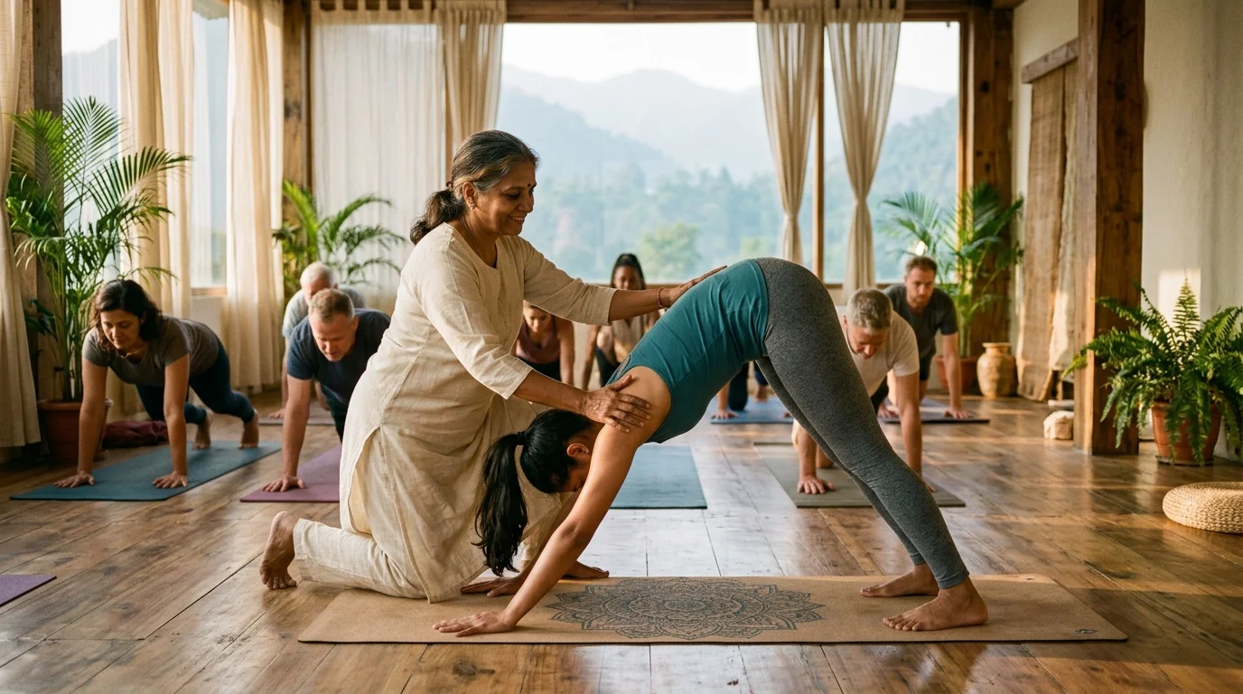 Yoga teacher gently adjusting a beginner student's alignment during Sun Salutation practice in a Rishikesh yoga studio