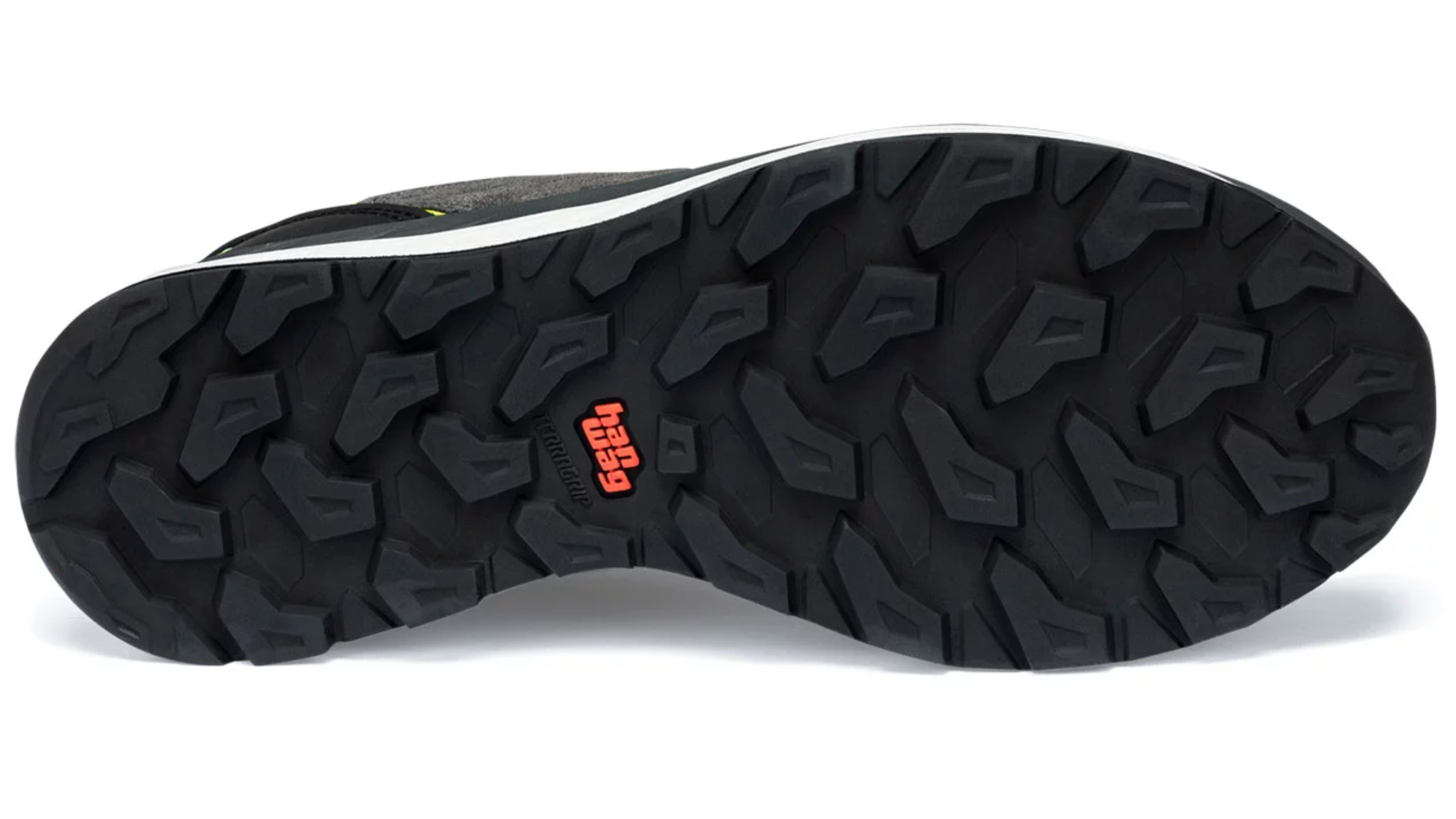 Close-up of trekking shoe sole showing deep grip pattern for mountain trails