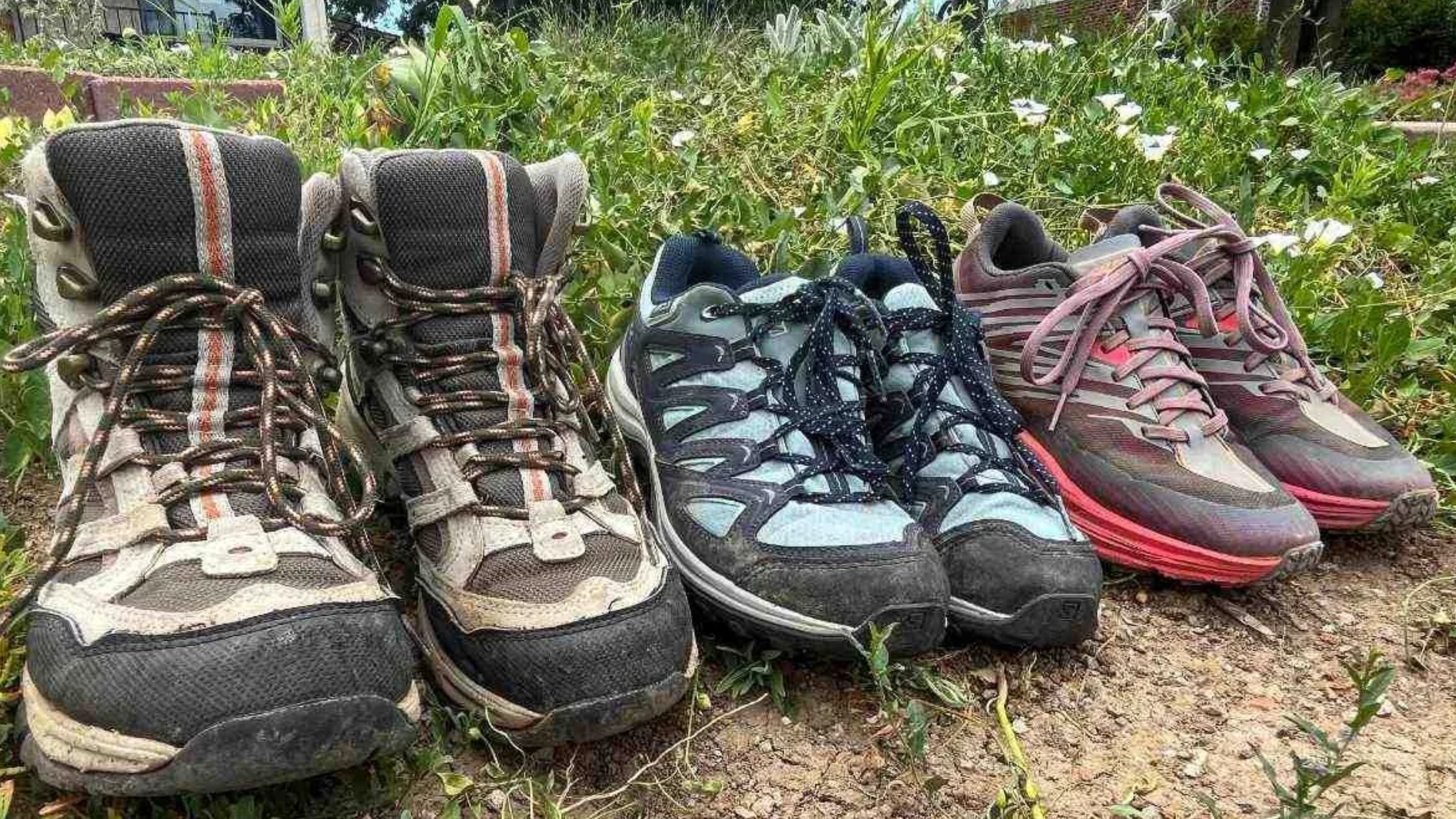 Three types of trekking footwear showing low-ankle, mid-ankle, and high-ankle trekking boots