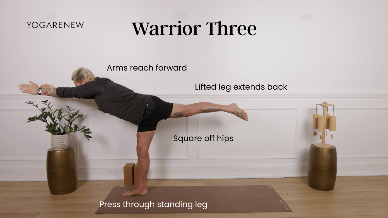 Step by step guide showing how to do Warrior III Pose from standing to full T-shape balance with arms extended