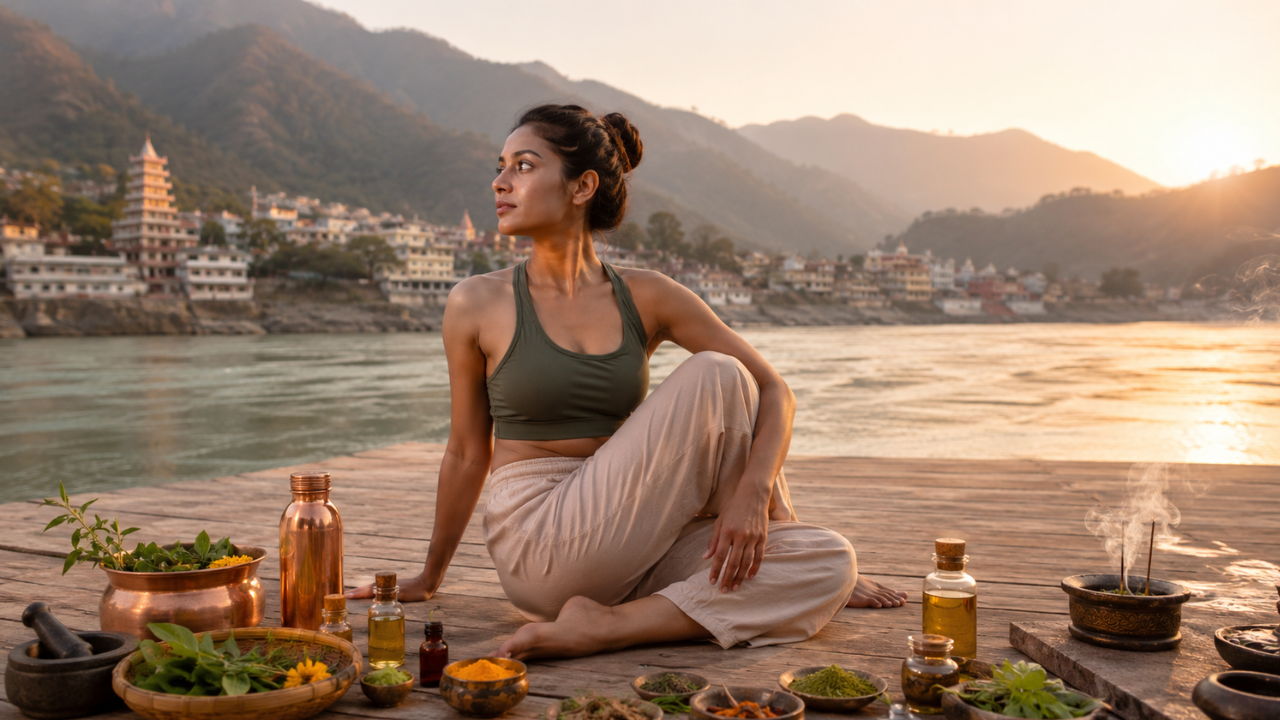 What is Ayurveda and how it works with yoga — woman doing yoga with Ayurvedic herbs and natural elements around her