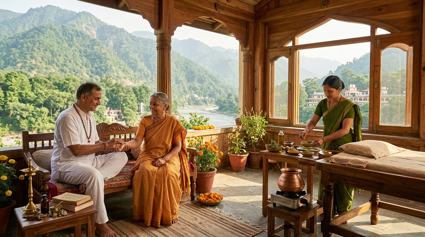 Ayurvedic doctor pulse consultation and herbal oil therapy preparation overlooking Himalayan mountains in Rishikesh