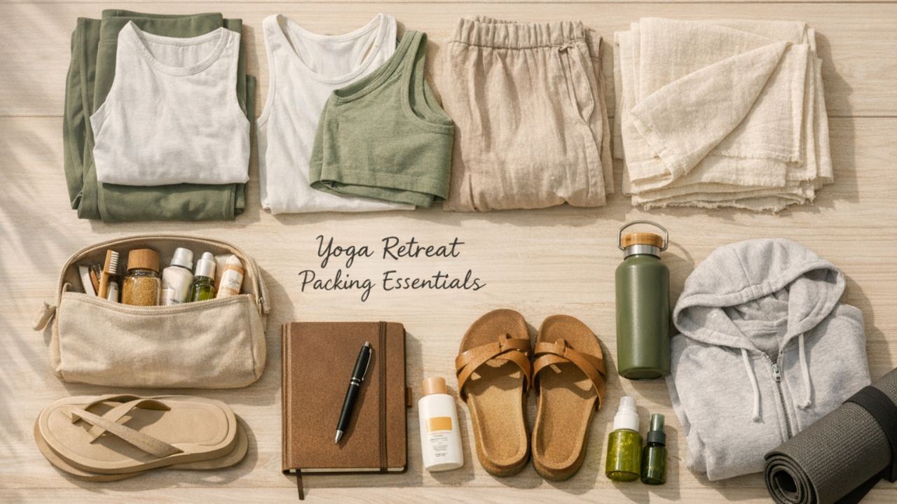 What to pack for a yoga retreat — essential checklist with yoga clothes journal water bottle and toiletries laid out