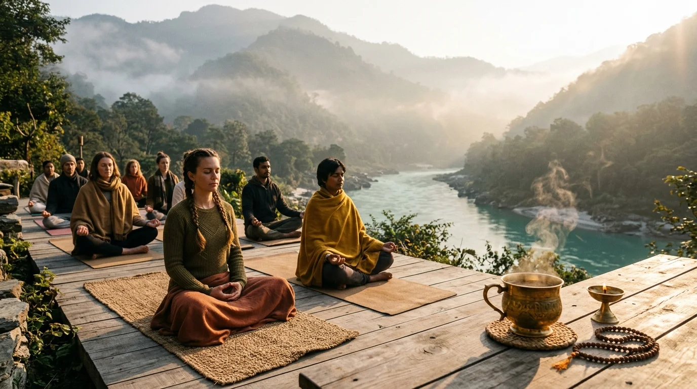 Peaceful winter morning yoga retreat on a wooden deck in Rishikesh overlooking the turquoise Ganges and misty Himalayan foothills