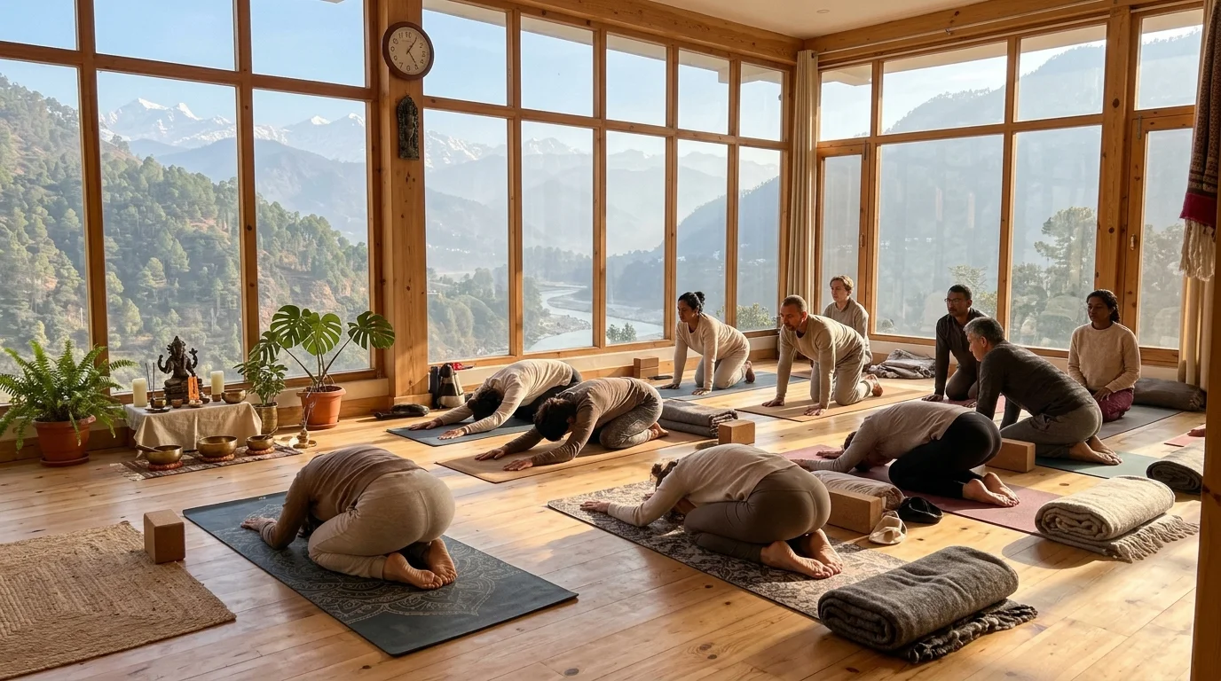 Sunlight streaming through panoramic windows of a bright wooden yoga shala in Tapovan Rishikesh with students practicing warming yoga